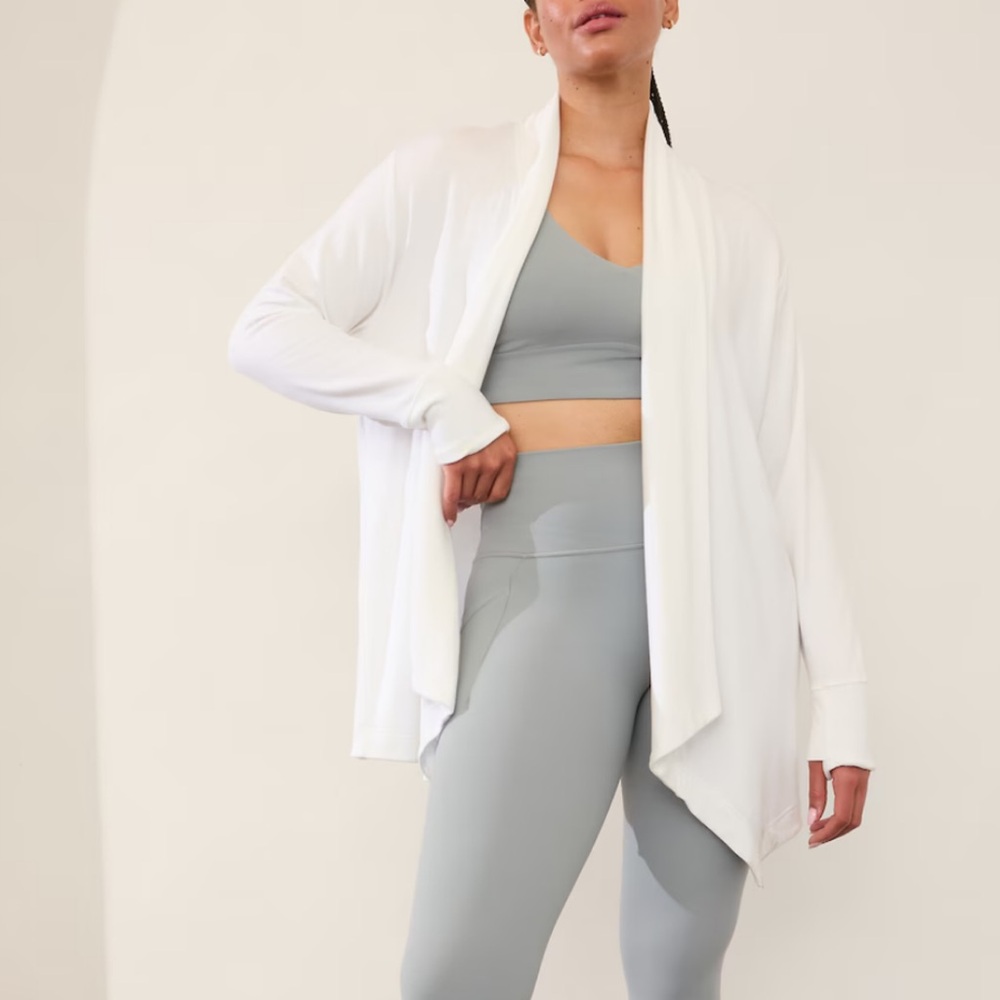 ATHLETA PRANAYAMA RESTORE WRAP White Open Front Cardigan Size Medium - Tall